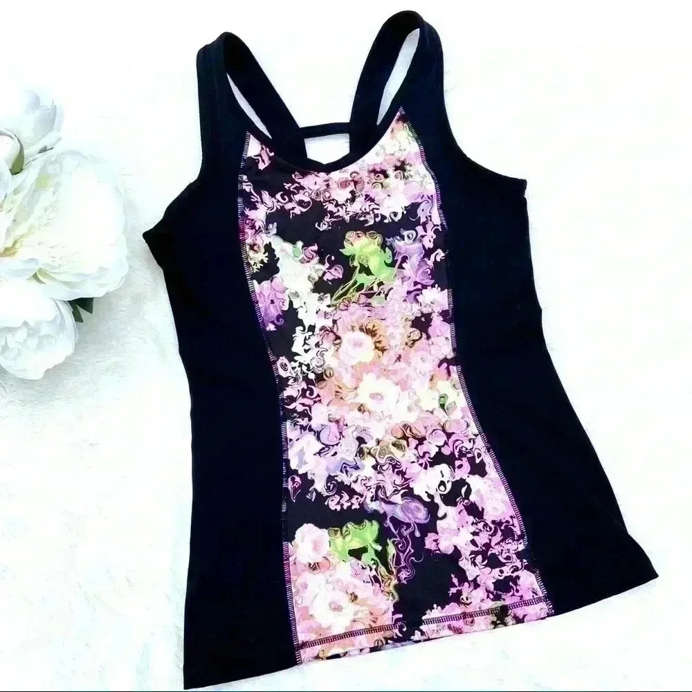 Cynthia Rowley Black Floral Athletic Tank Top Racerback Workout Yoga Gym (S)